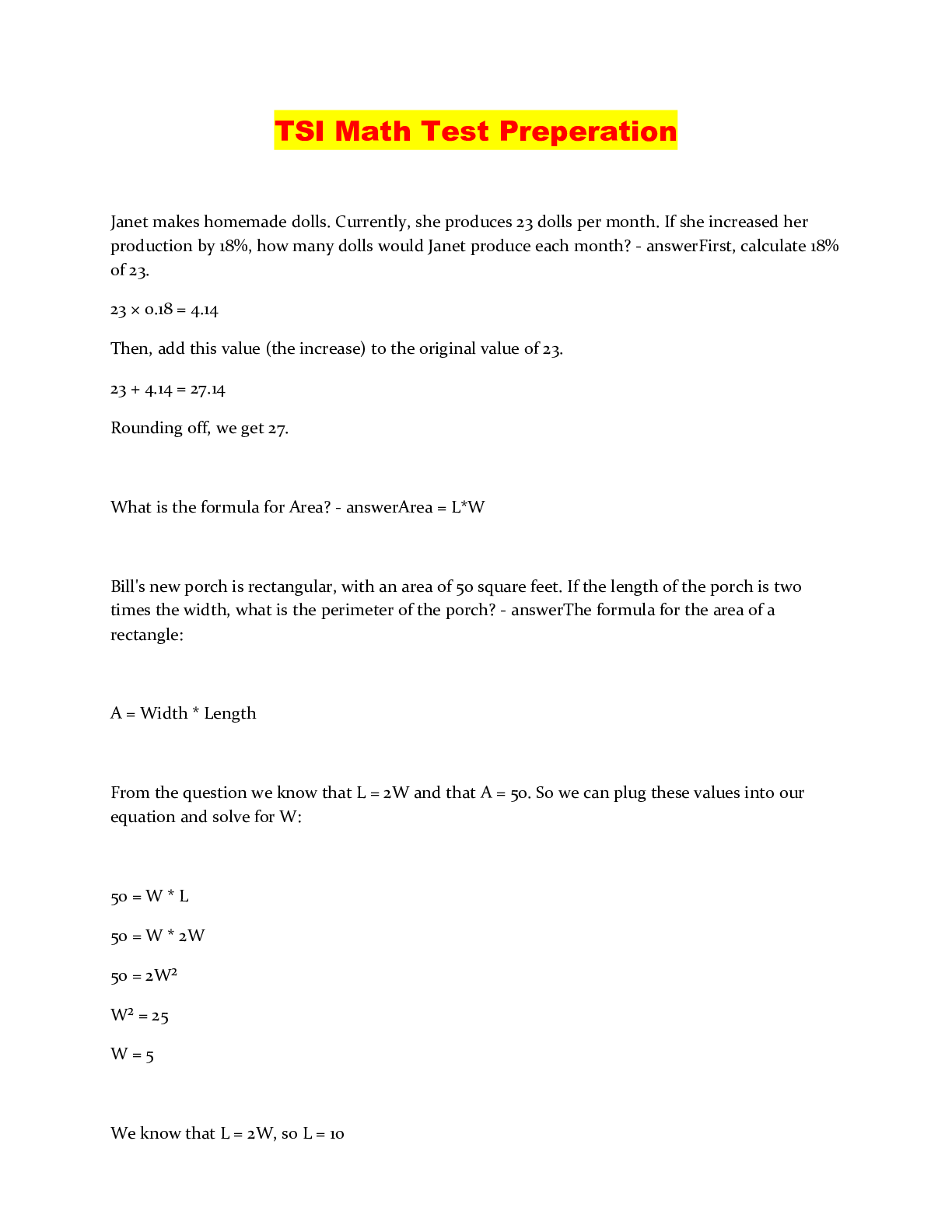 Preview image of TSI Math Test Preperation document